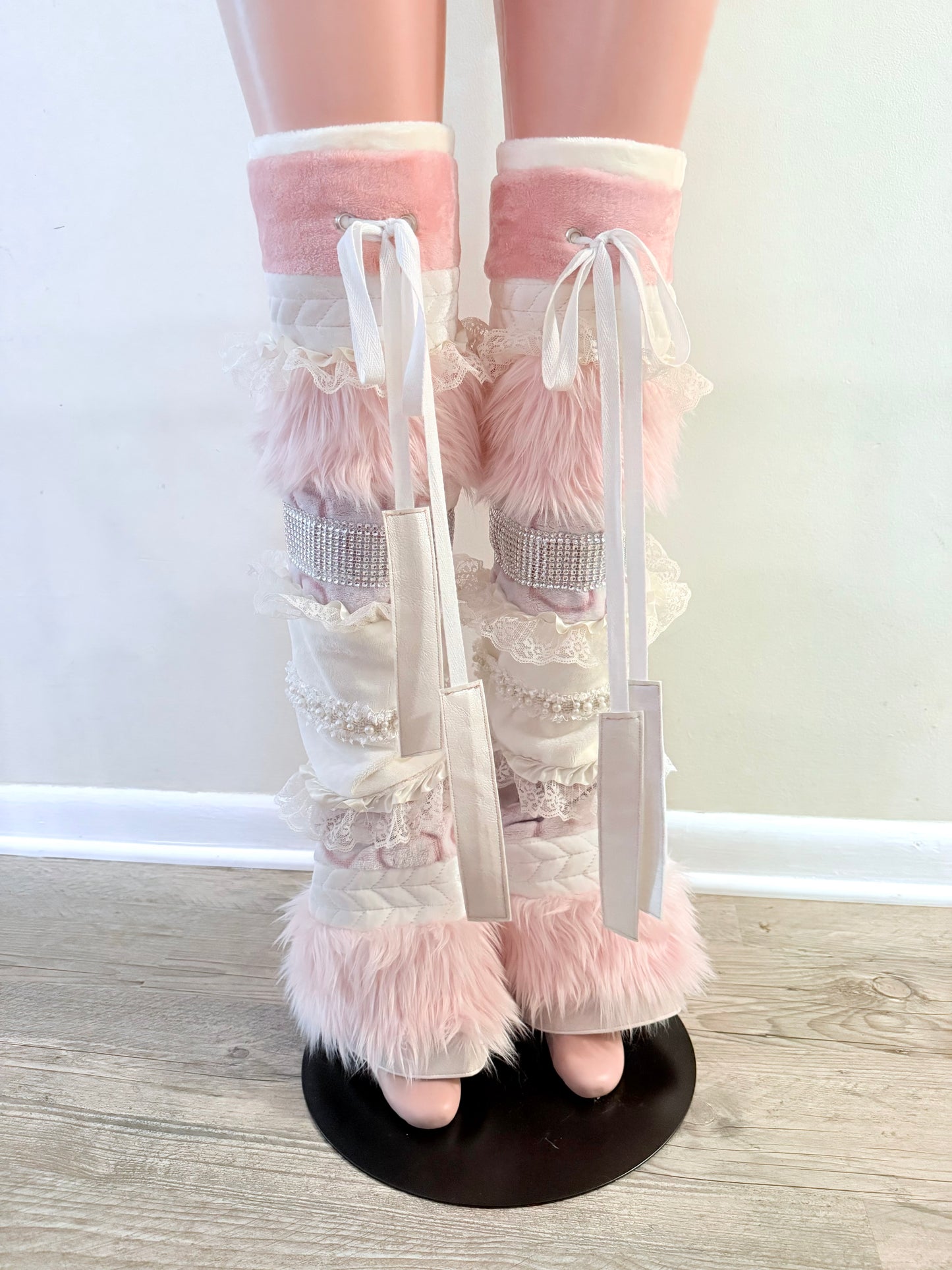 NINA pink feminine luxe leg warmers with ruffle and pearl trim