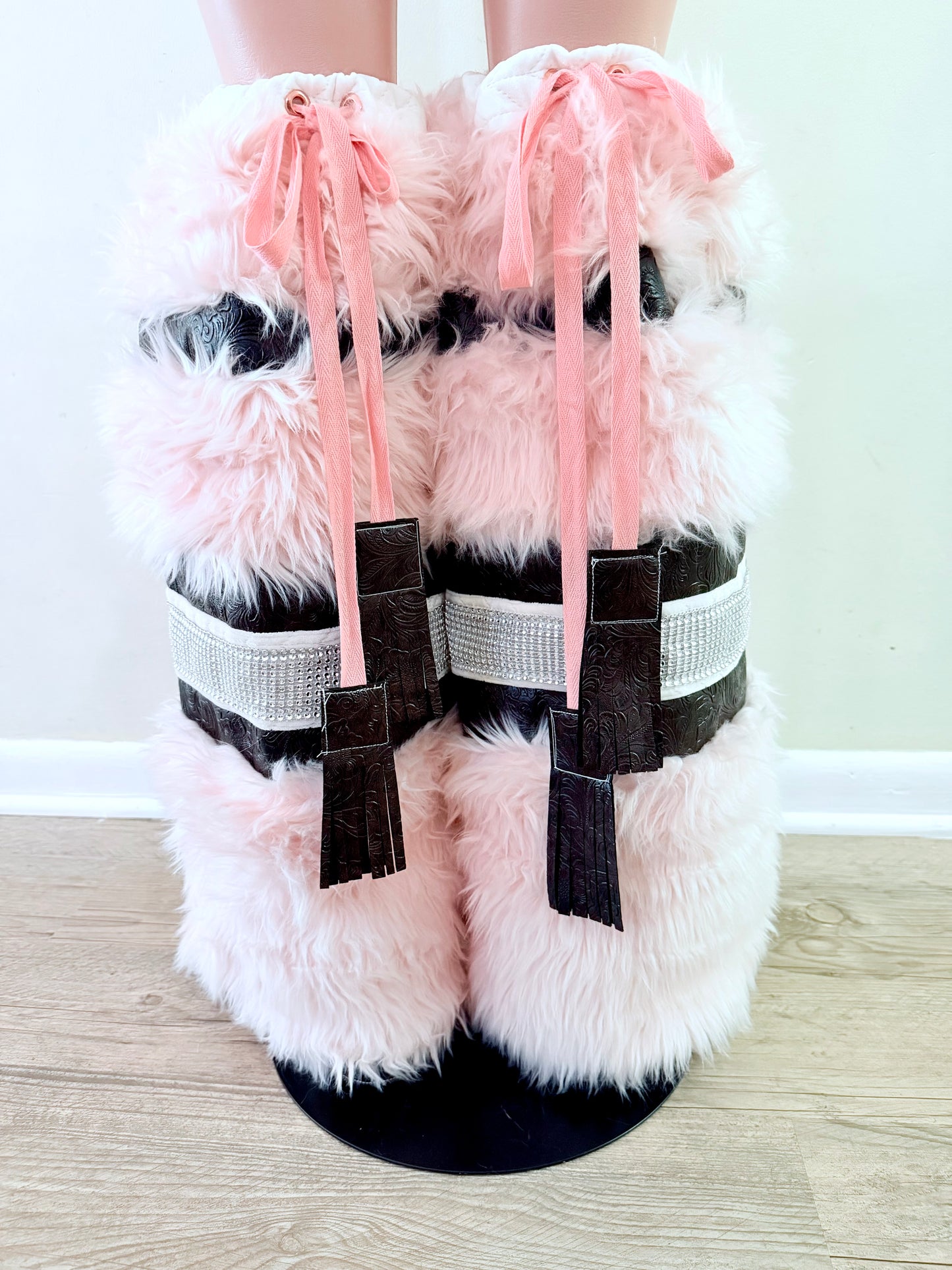 LOLA pink plush faux fur & rhinestone leg warmers