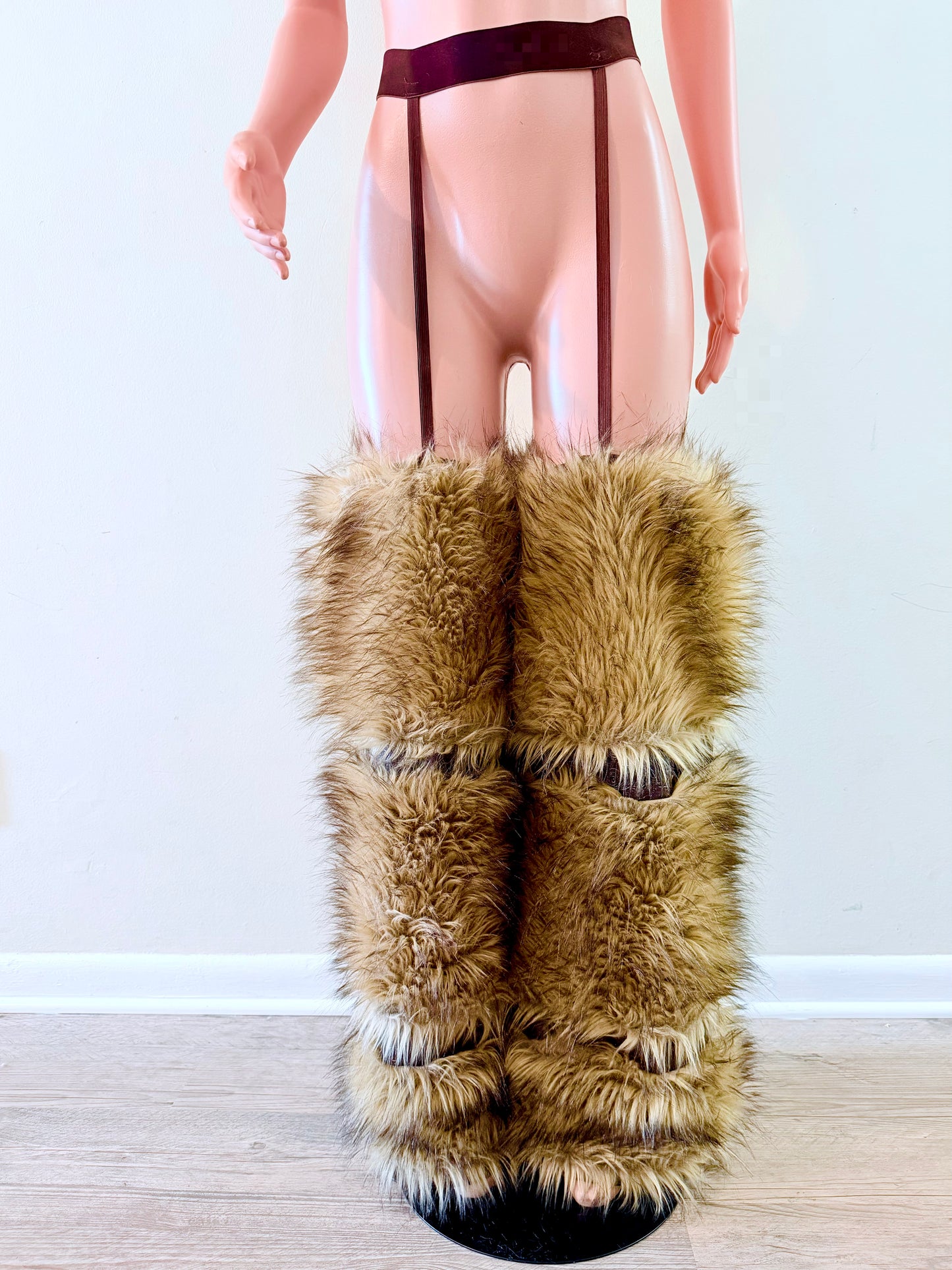 Eden Fur Legwear Set – Tiered Faux Fur Statement Pants with Leather Suspenders