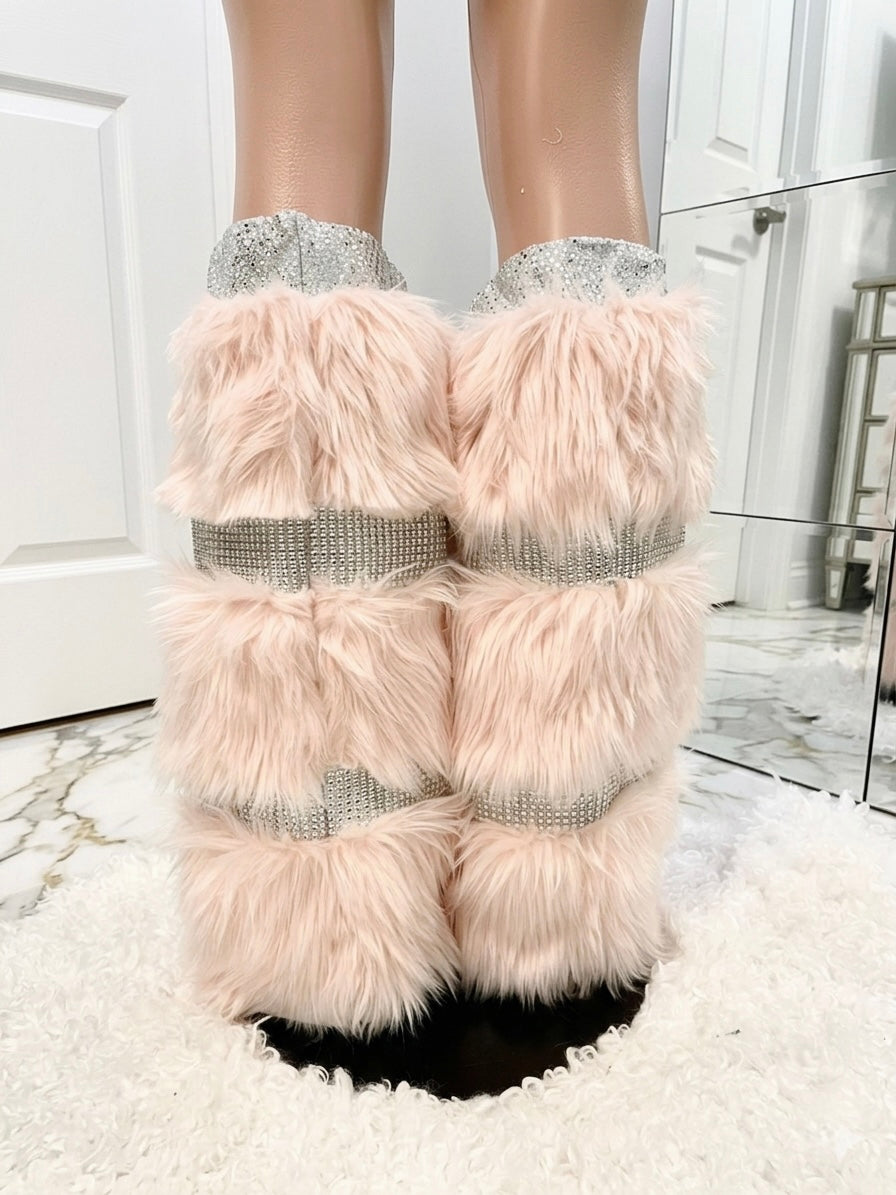 KAWAII cute pink faux fur & rhinestone legwarmers with leather bows