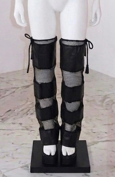 LACE faux leather & lace netting legwarmers