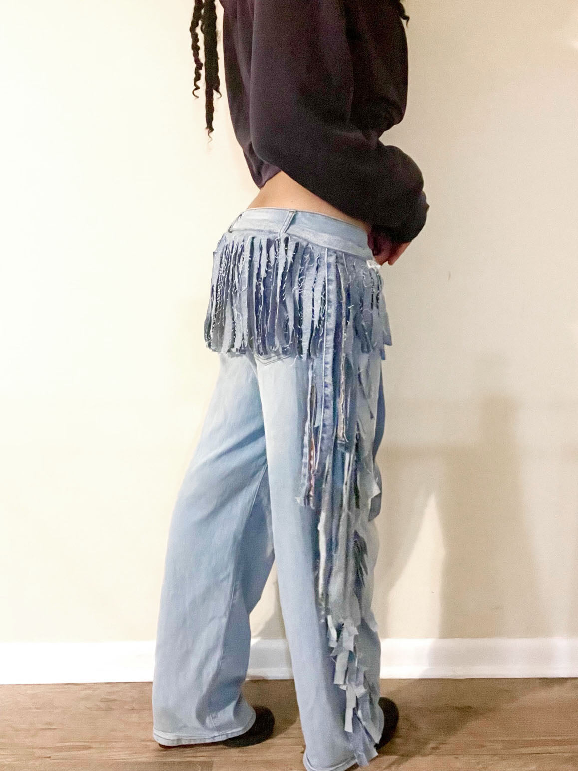 Fringe Statement Pant with Matching Belt- Handmade Denim Fringe Pant