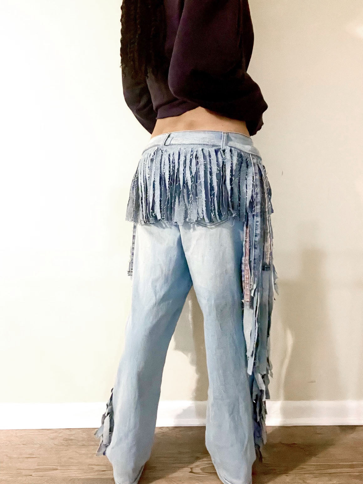 Fringe Statement Pant with Matching Belt- Handmade Denim Fringe Pant