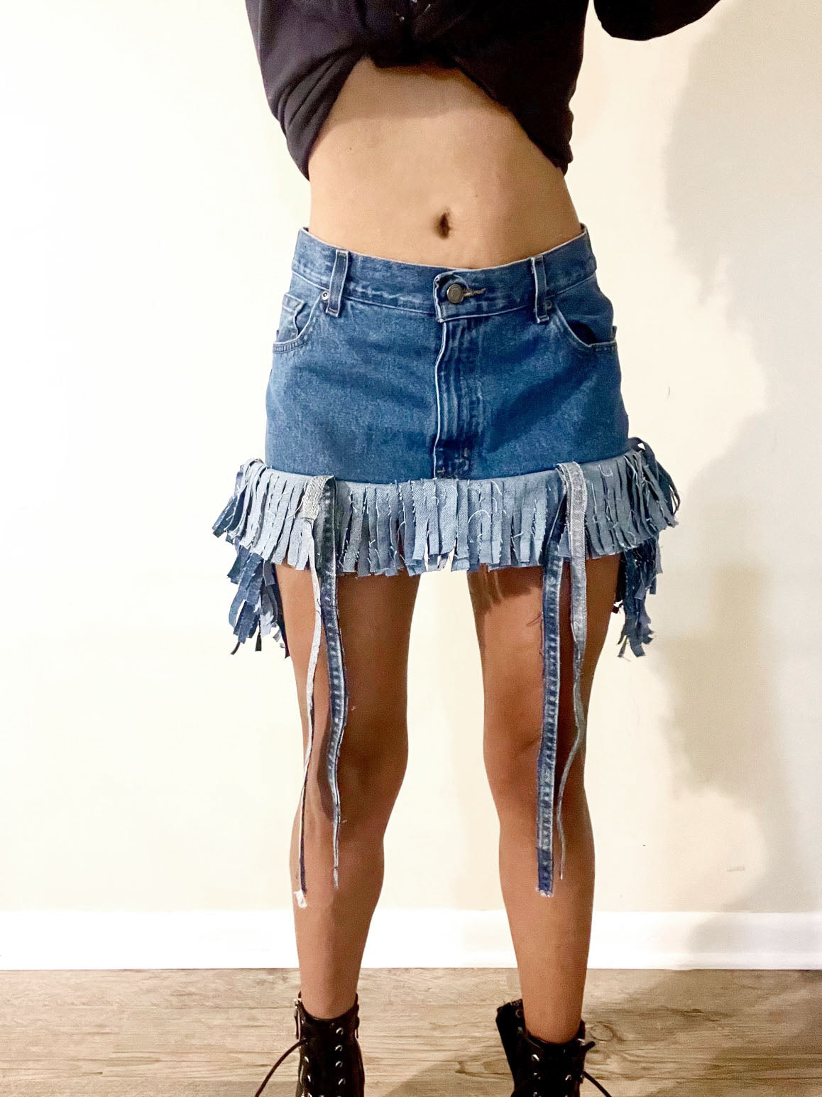 Denim fringe mini skirt