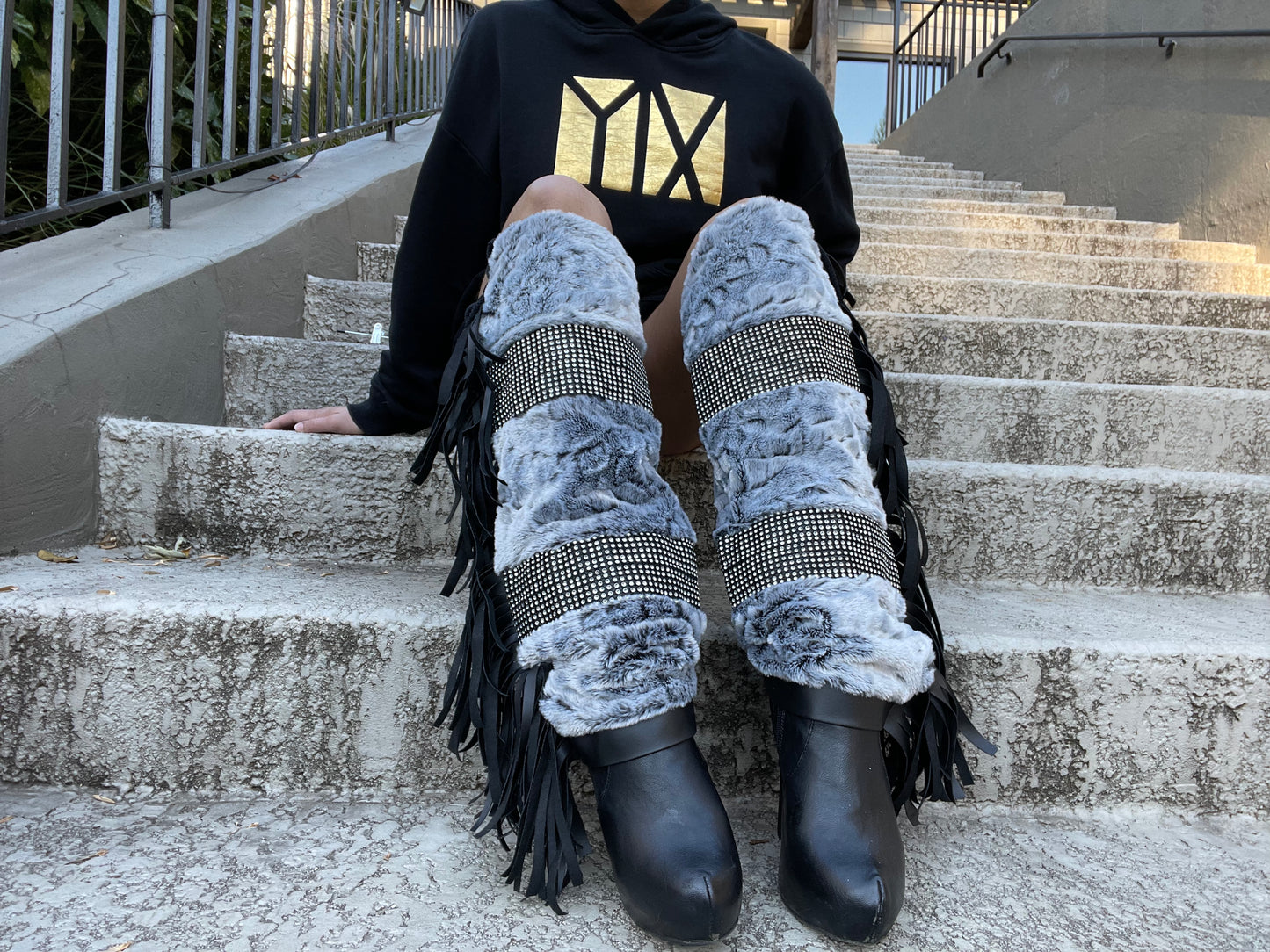 Vixen faux fur & leather fringe knee or thigh length luxe legwarmers