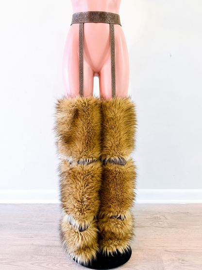 Eden Fur Legwear Set – Tiered Faux Fur with Leather Suspenders