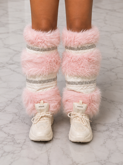 JOSIE Luxe Faux Pink Fur with Rhinestone trim Leg Warmers