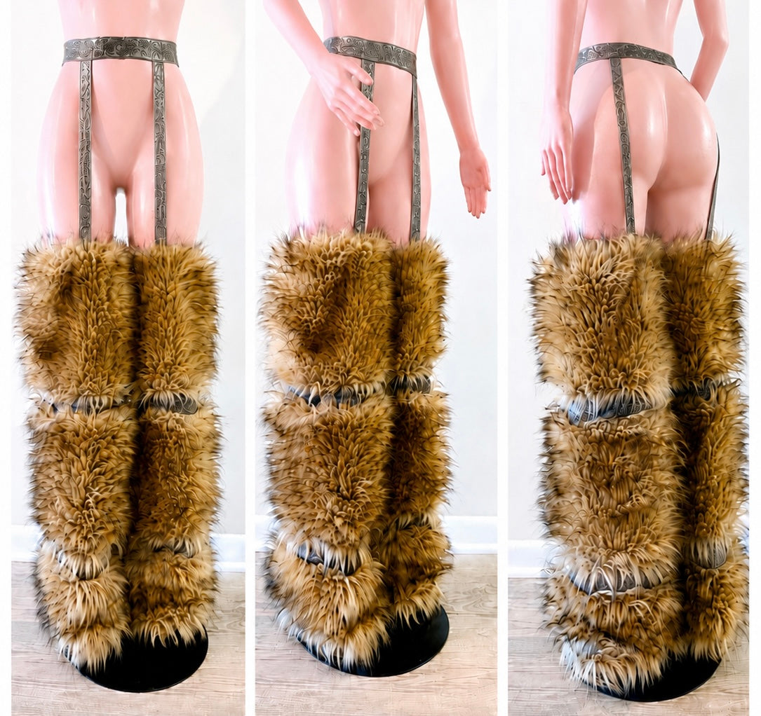 Eden Fur Legwear Set – Tiered Faux Fur with Leather Suspenders