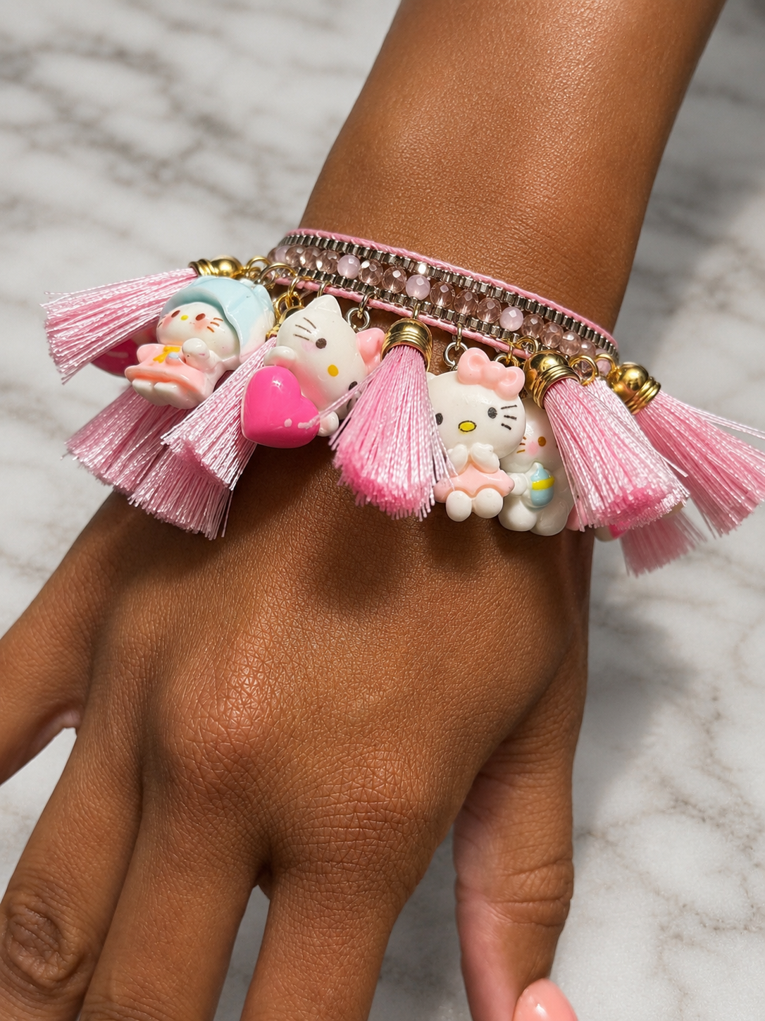 Kawaii Pink Kitty Charm Bracelet with tassels