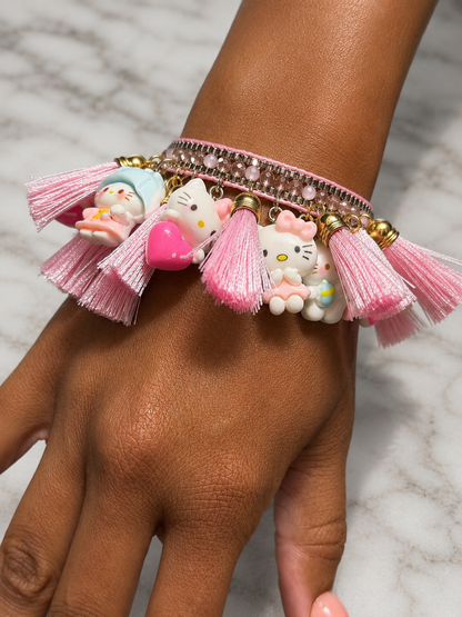 Kawaii Pink Kitty Charm Bracelet with tassels