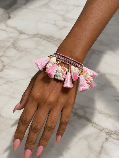 Kawaii Pink Kitty Charm Bracelet with tassels