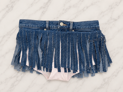 Mini denim fringe skirt with large back pockets