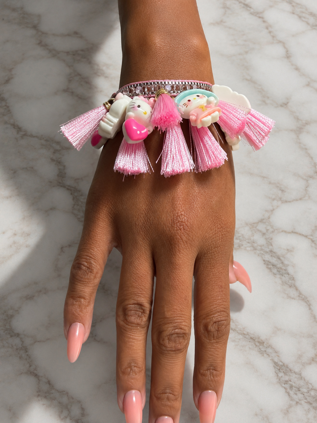 Kawaii Pink Kitty Charm Bracelet with tassels