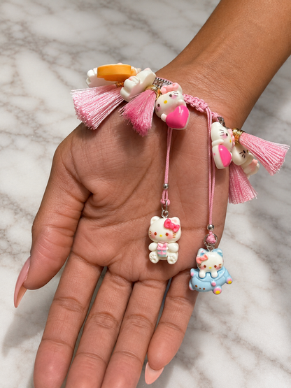 Kawaii Pink Kitty Charm Bracelet with tassels