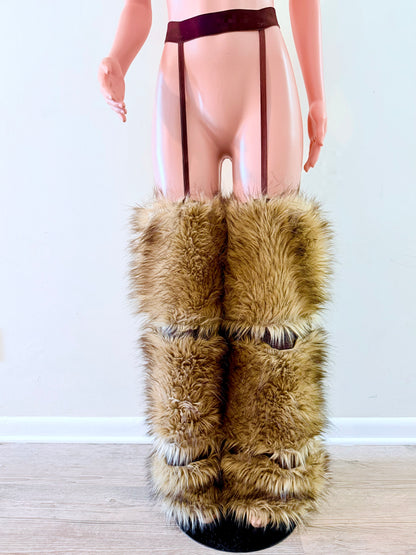 Eden Fur Legwear Set – Tiered Faux Fur Statement Pants with Leather Suspenders