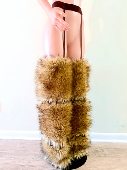 Eden Fur Legwear Set – Tiered Faux Fur Statement Pants with Leather Suspenders