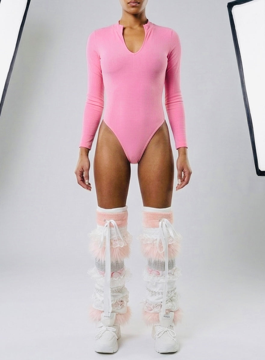 NINA pink feminine luxe leg warmers with ruffle and pearl trim