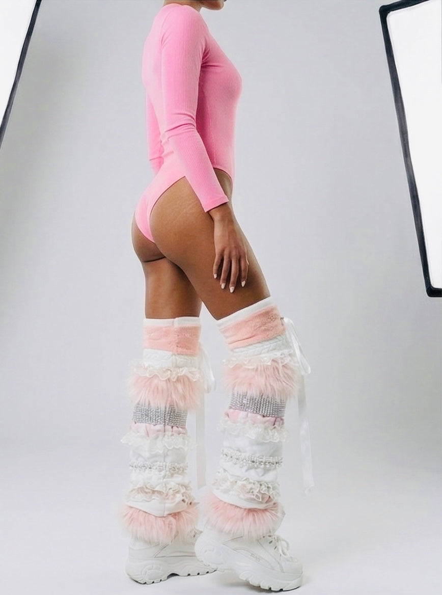 NINA pink feminine luxe leg warmers with ruffle and pearl trim