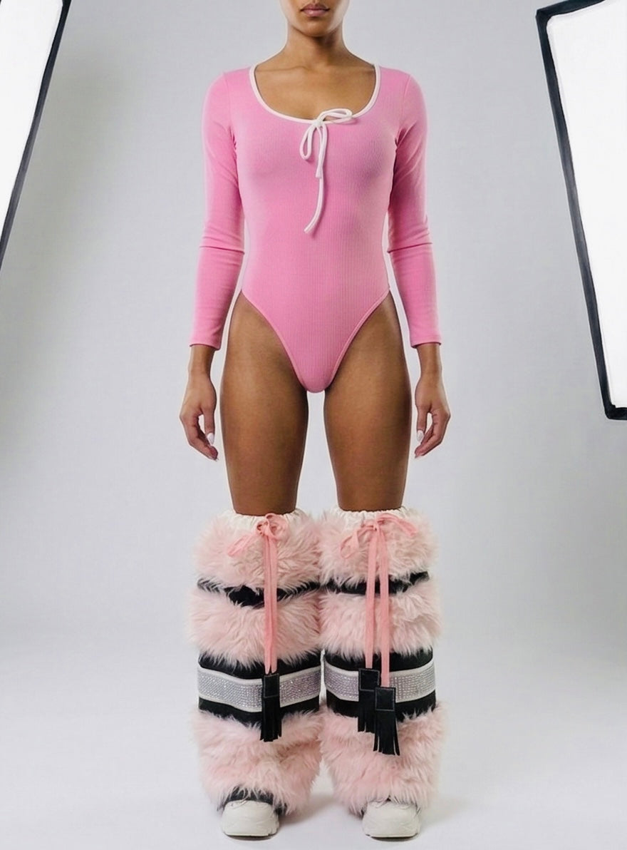 LOLA pink plush faux fur & rhinestone leg warmers