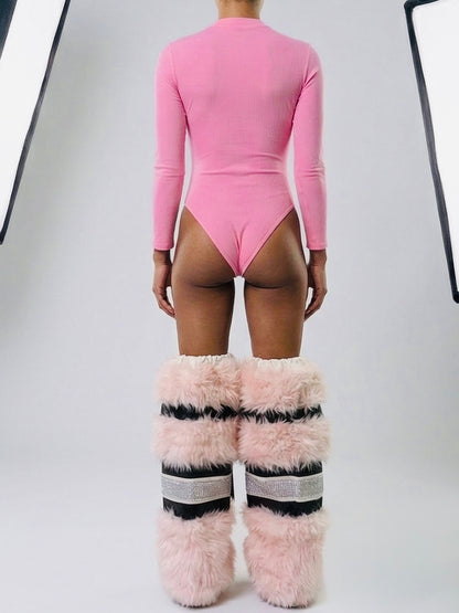 LOLA pink plush faux fur & rhinestone leg warmers