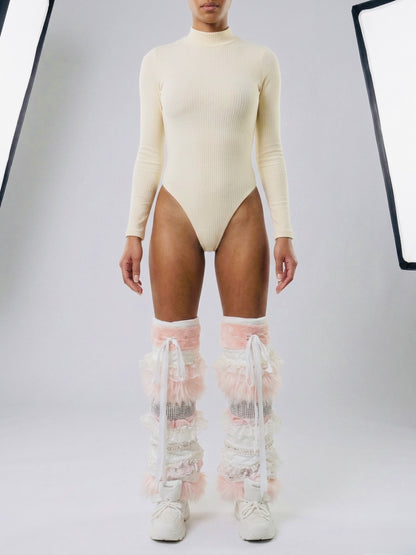 NINA pink feminine luxe leg warmers with ruffle and pearl trim