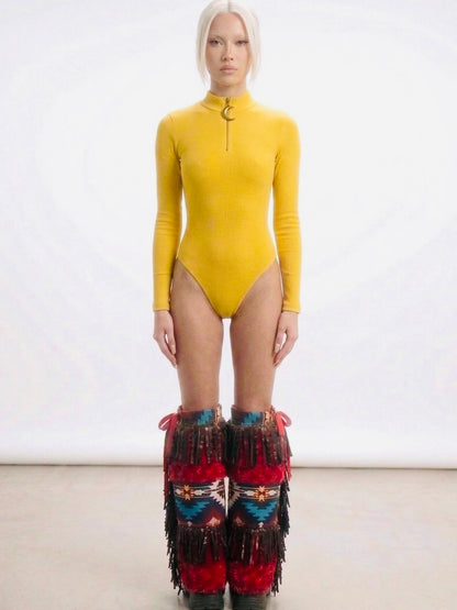 ODESSA Faux fur luxe tribal print and fringe festival & streetwear leg warmers
