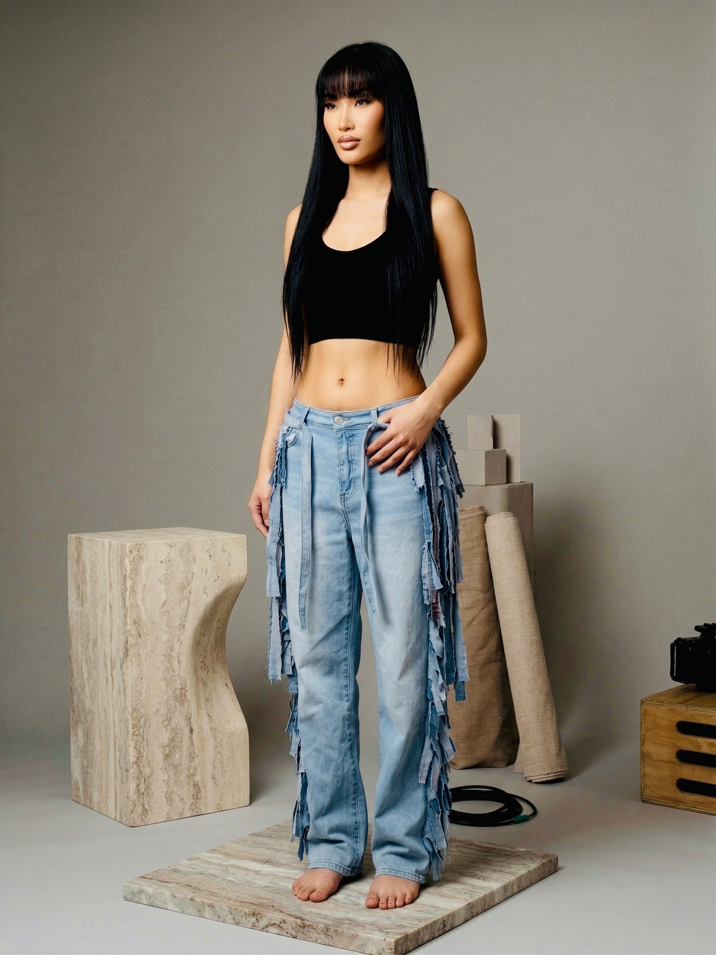 Fringe Statement Pant with Matching Belt- Handmade Denim Fringe Pant