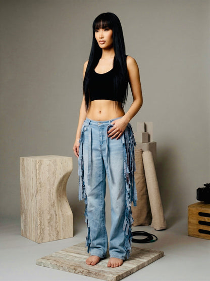 Fringe Statement Pant with Matching Belt- Handmade Denim Fringe Pant