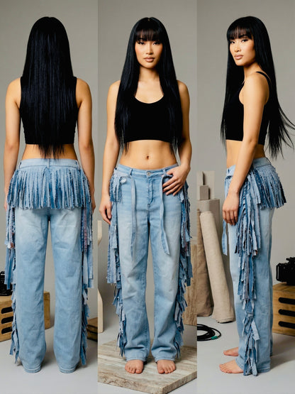 Fringe Statement Pant with Matching Belt- Handmade Denim Fringe Pant