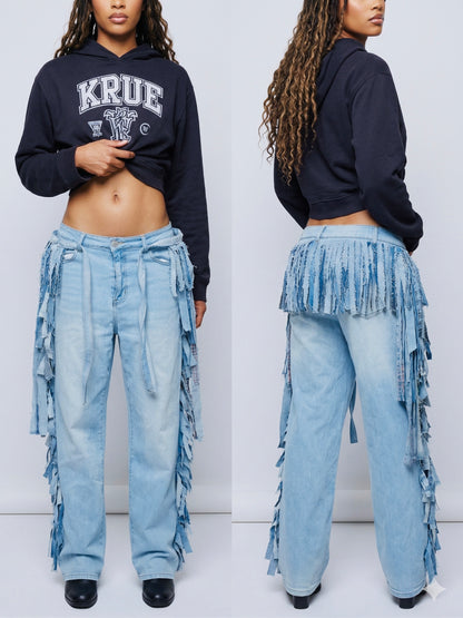 Fringe Statement Pant with Matching Belt- Handmade Denim Fringe Pant