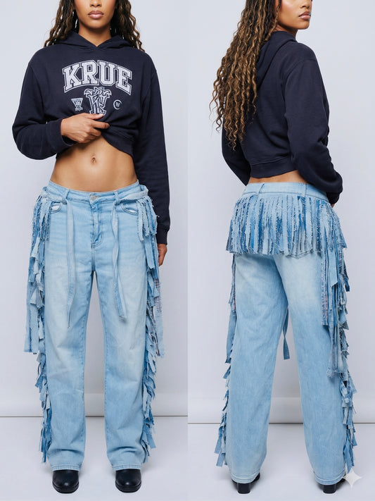 Fringe Statement Pant with Matching Belt- Handmade Denim Fringe Pant