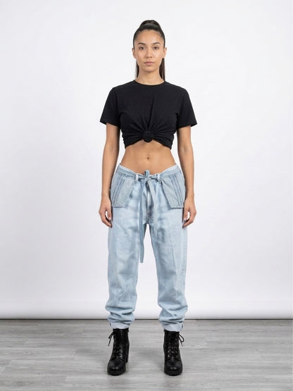 Denim jogger pants with front pocket belt