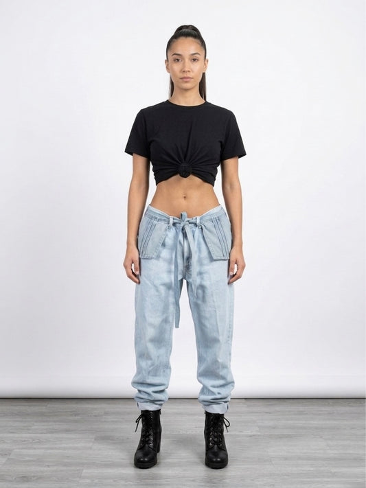 Denim jogger pants with front pocket belt