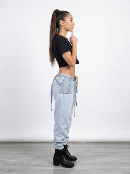 Denim jogger pants with front pocket belt