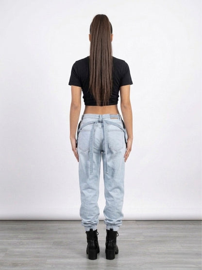 Denim jogger pants with front pocket belt