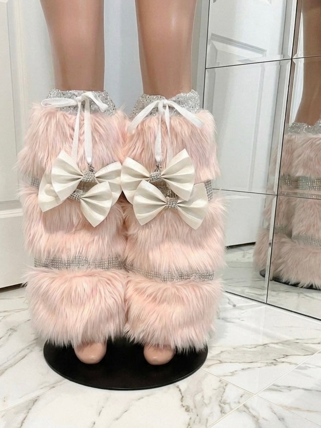 KAWAII cute pink faux fur & rhinestone legwarmers with leather bows
