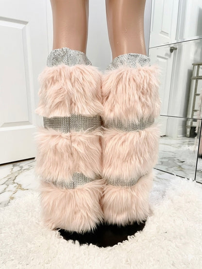 KAWAII cute pink faux fur & rhinestone legwarmers with leather bows