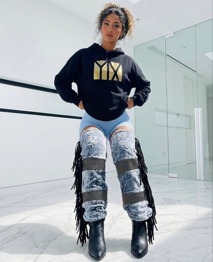 Vixen faux fur & leather fringe knee or thigh length luxe legwarmers