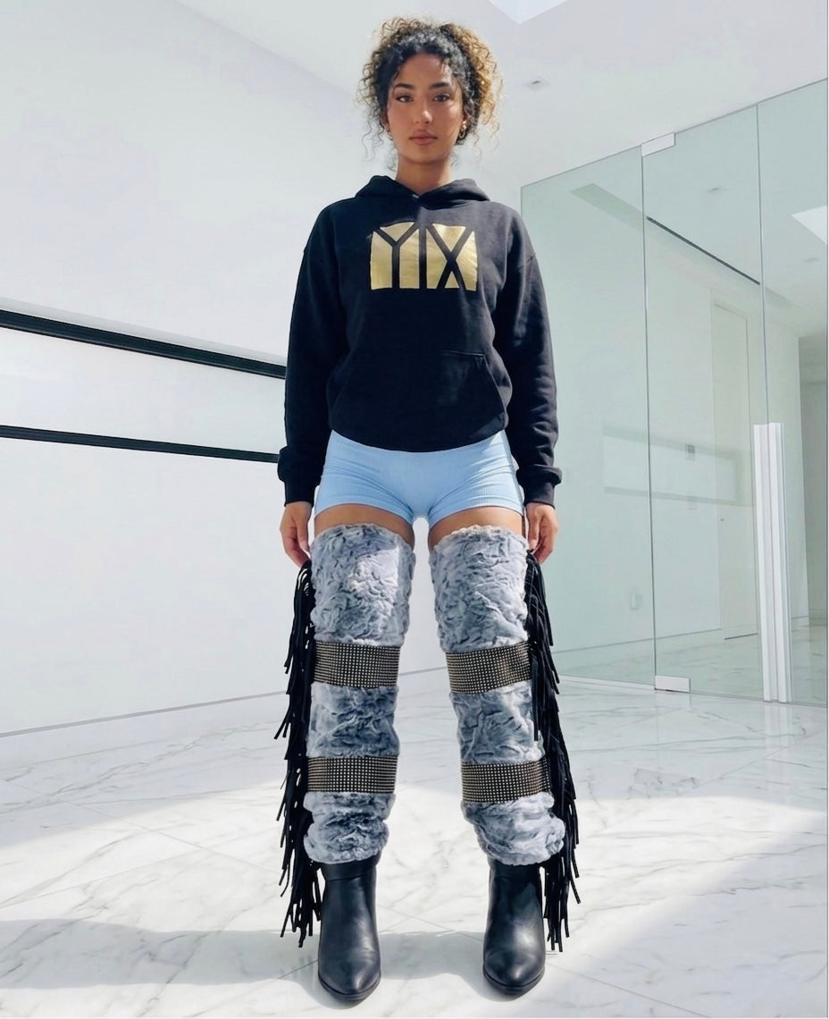 Vixen faux fur & leather fringe knee or thigh length luxe legwarmers