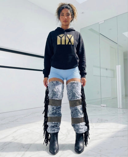 Vixen faux fur & leather fringe knee or thigh length luxe legwarmers