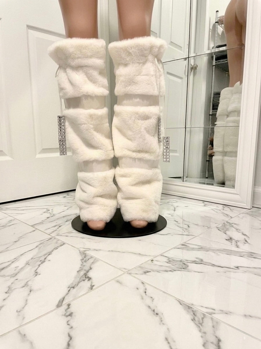 SNOW plush faux fur & rhinestone trim luxe leg warmers