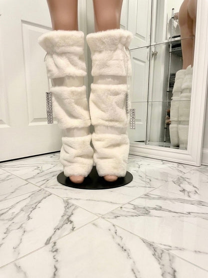 SNOW plush faux fur & rhinestone trim luxe leg warmers