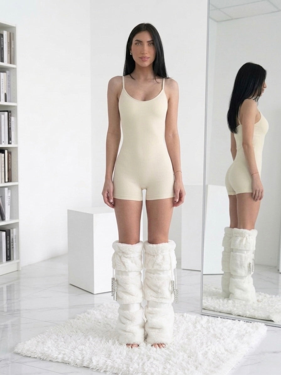 SNOW plush faux fur & rhinestone trim luxe leg warmers