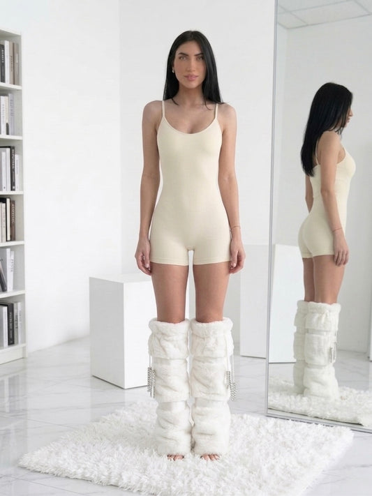 SNOW plush faux fur & rhinestone trim luxe leg warmers