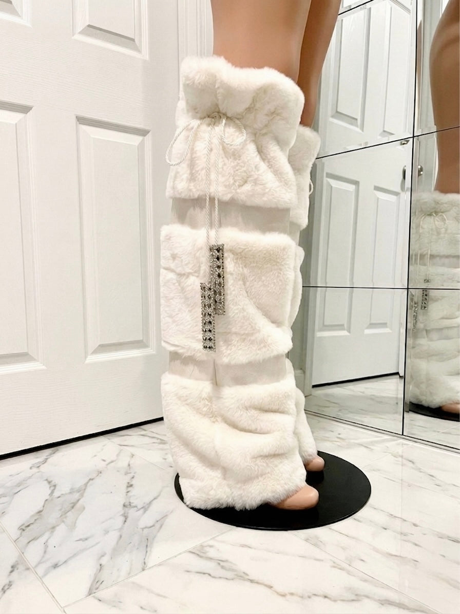 SNOW plush faux fur & rhinestone trim luxe leg warmers