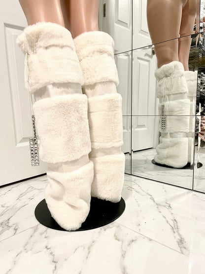 SNOW plush faux fur & rhinestone trim luxe leg warmers