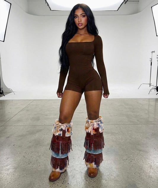 Reign tribal fleece & faux leather fringe leg warmers