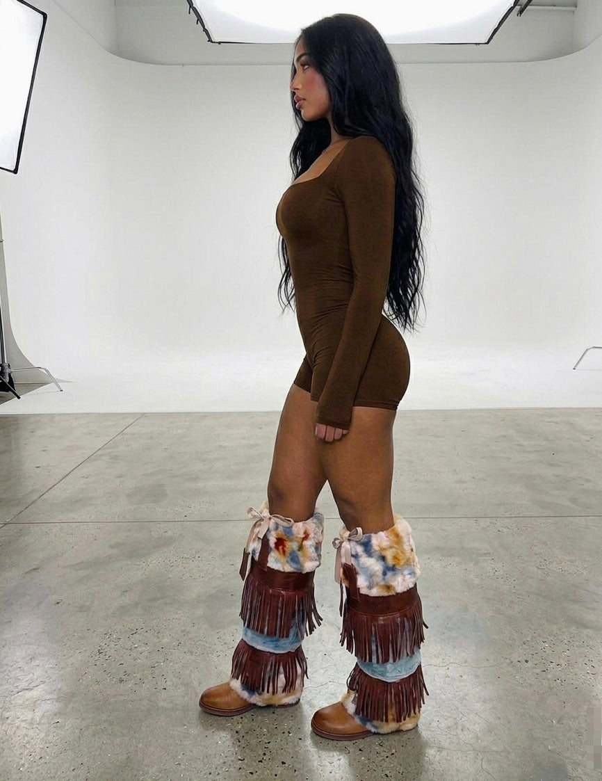 Reign tribal fleece & faux leather fringe leg warmers