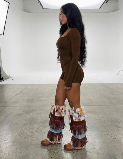 Reign tribal fleece & faux leather fringe leg warmers