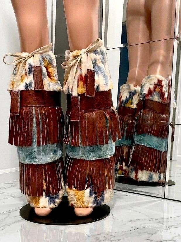 Reign tribal fleece & faux leather fringe leg warmers